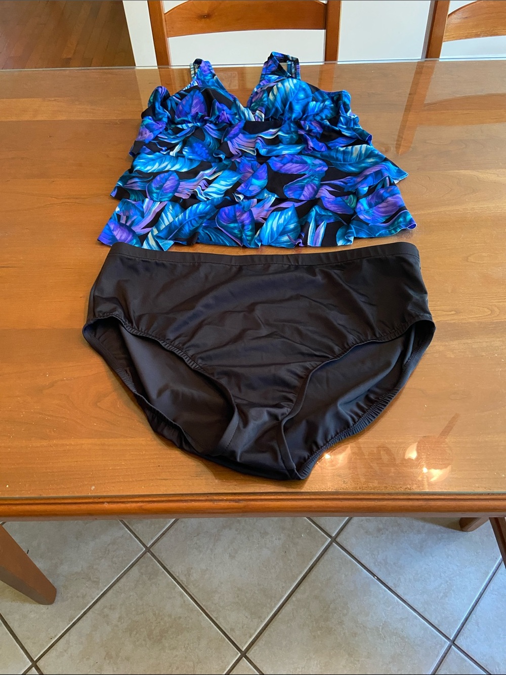 Two-Piece Tankini Set with Purple & Blue Leaf Print and Black Bottoms. 14 Tall.